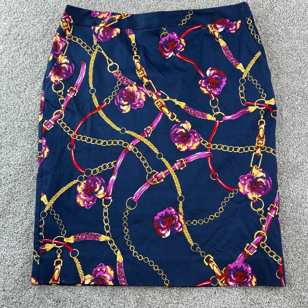 Womens Pencil Skirt Size 14 Navy Floral Chain Print Pockets Career Office Preppy